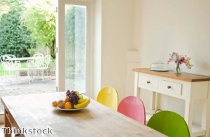 Bamboo shades can be a window covering for doors leading to an outdoor patio or deck.