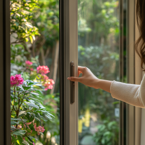Closeup of a woman's hand opening a sliding glass door, revealing a sunny patio with potted flowers and inviting outdoor space.