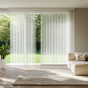 Modern living room with large sliding glass doors featuring Legends 3½" PVC Vertical Blinds in White, soft sunlight filtering into a cozy, stylish space.