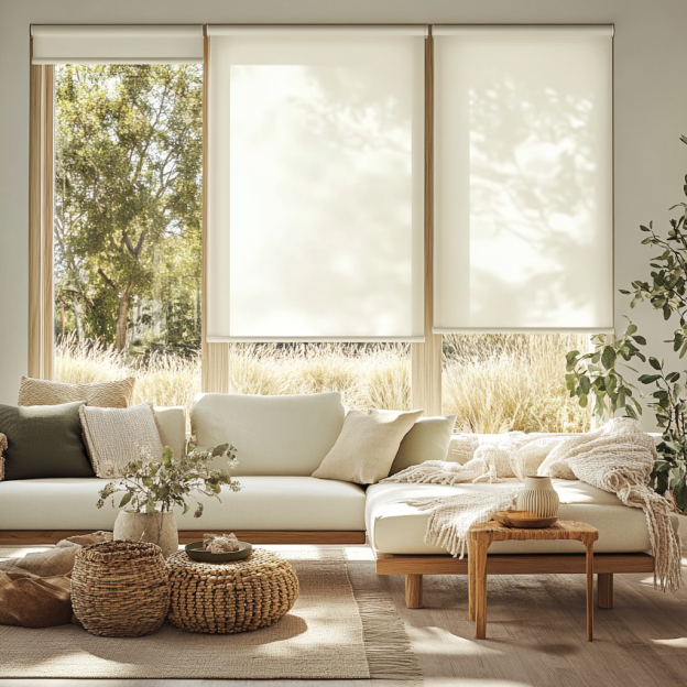 Modern living room with large windows fitted with white solar shades filtering natural light, Scandinavian-boho decor, warm tones, and indoor plants.