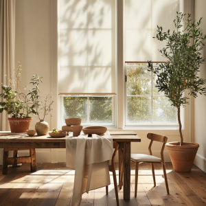 Bright dining room with white solar roller shades filtering natural light over a wood table and Scandinavian decor.
