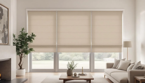 Plain fold roman shades in a beautifully decorated living room.