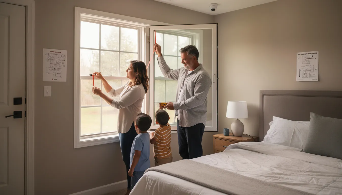 A family is inspecting their bedroom windows as part of a fire safety compliance check, ensuring that they are equipped with proper window guards and can safely escape in case of a house fire. They discuss the importance of having an escape plan and practicing opening windows to maintain safety for all family members.
