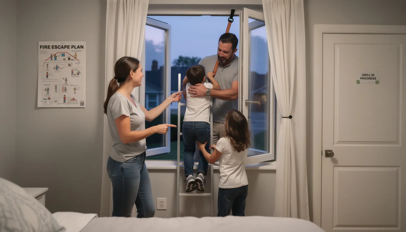 A family is practicing a window escape drill, demonstrating proper techniques for safely escaping through a bedroom window in case of a house fire. They are focused on understanding emergency escape routes and ensuring their home is equipped with window guards and smoke detectors to prevent accidents and protect their lives.