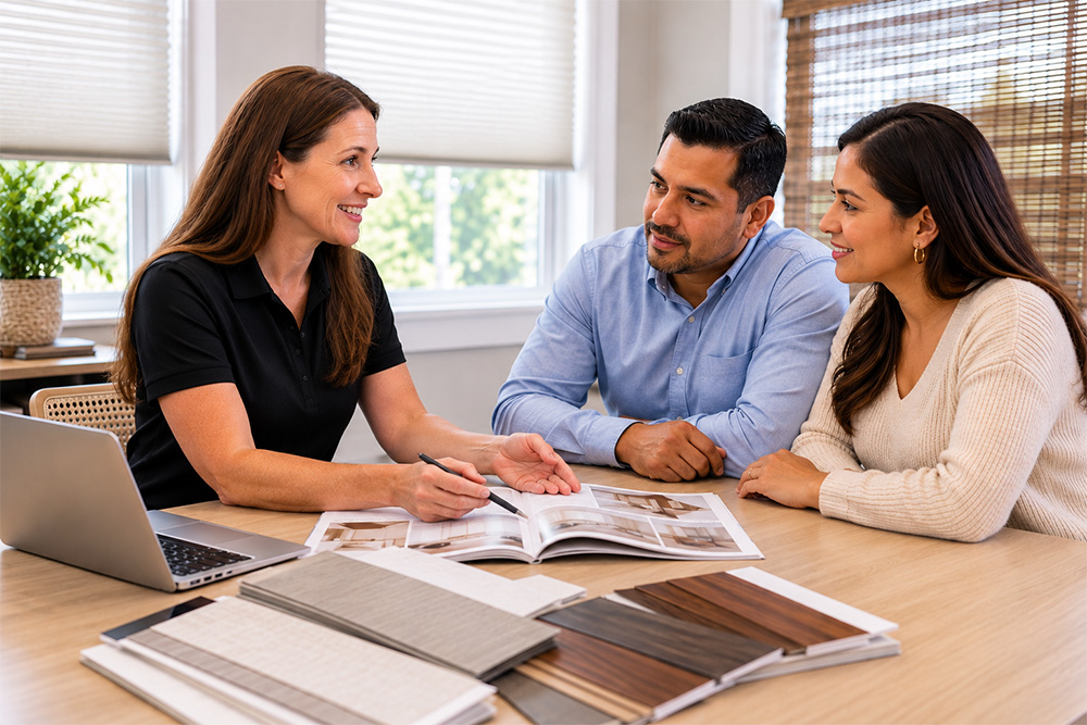 Window covering expert helping a homeowner choose blinds and shades
