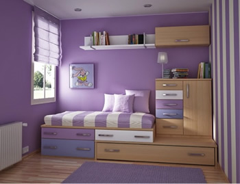 kids room with purple roman shades