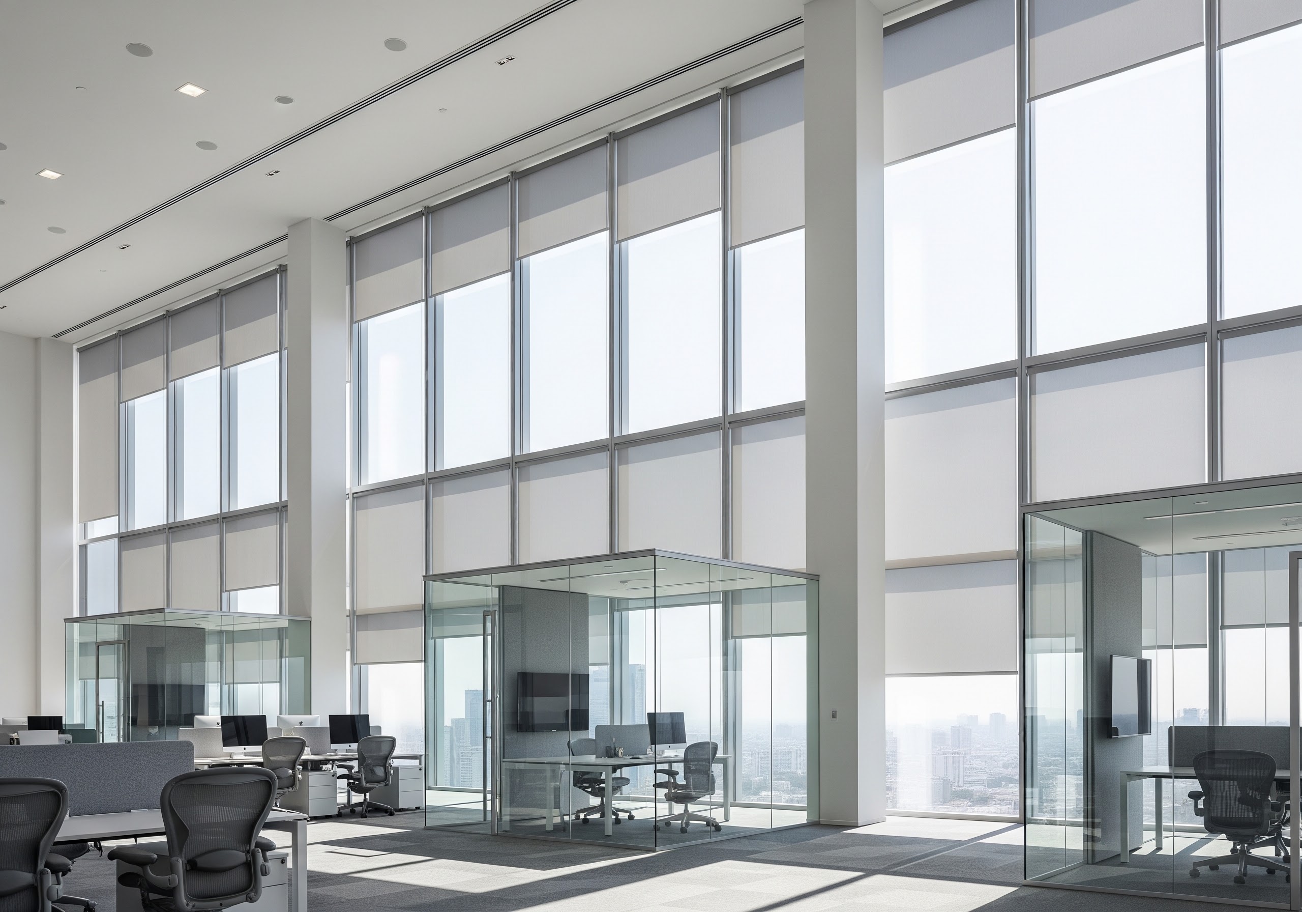 Roller Shades on a large oversize window in an Corporate office Setting