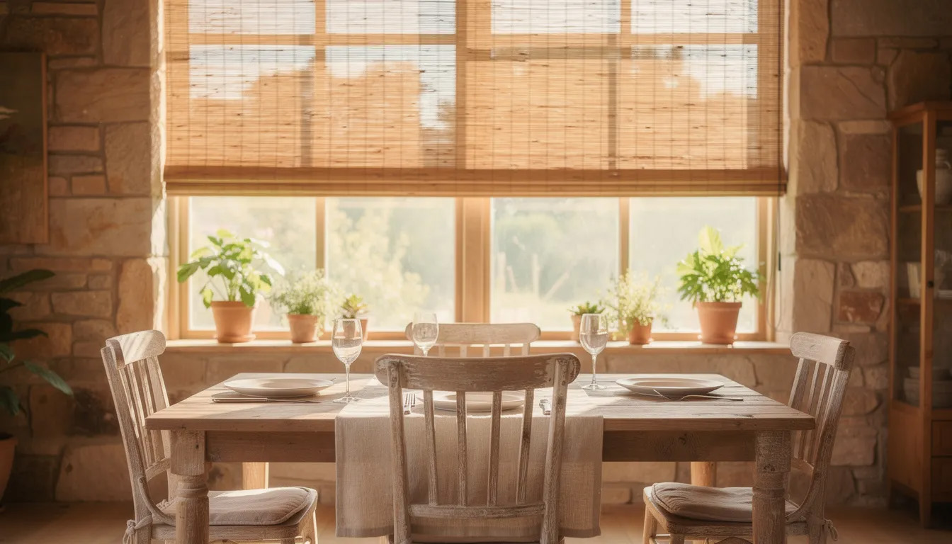 The image features natural woven wood shades made from bamboo, elegantly draping over large windows in a rustic dining room setting. These light filtering shades enhance the space by allowing natural light to flow in while providing privacy and protecting furniture from harsh sunlight.