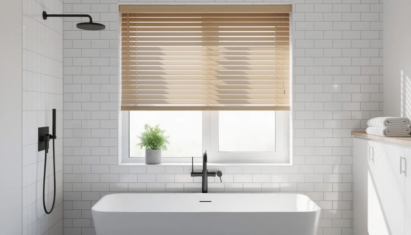 The image features faux wood blinds installed in a modern bathroom, complemented by white subway tiles. These window blinds offer effective light control while adding a touch of timeless elegance to the space.