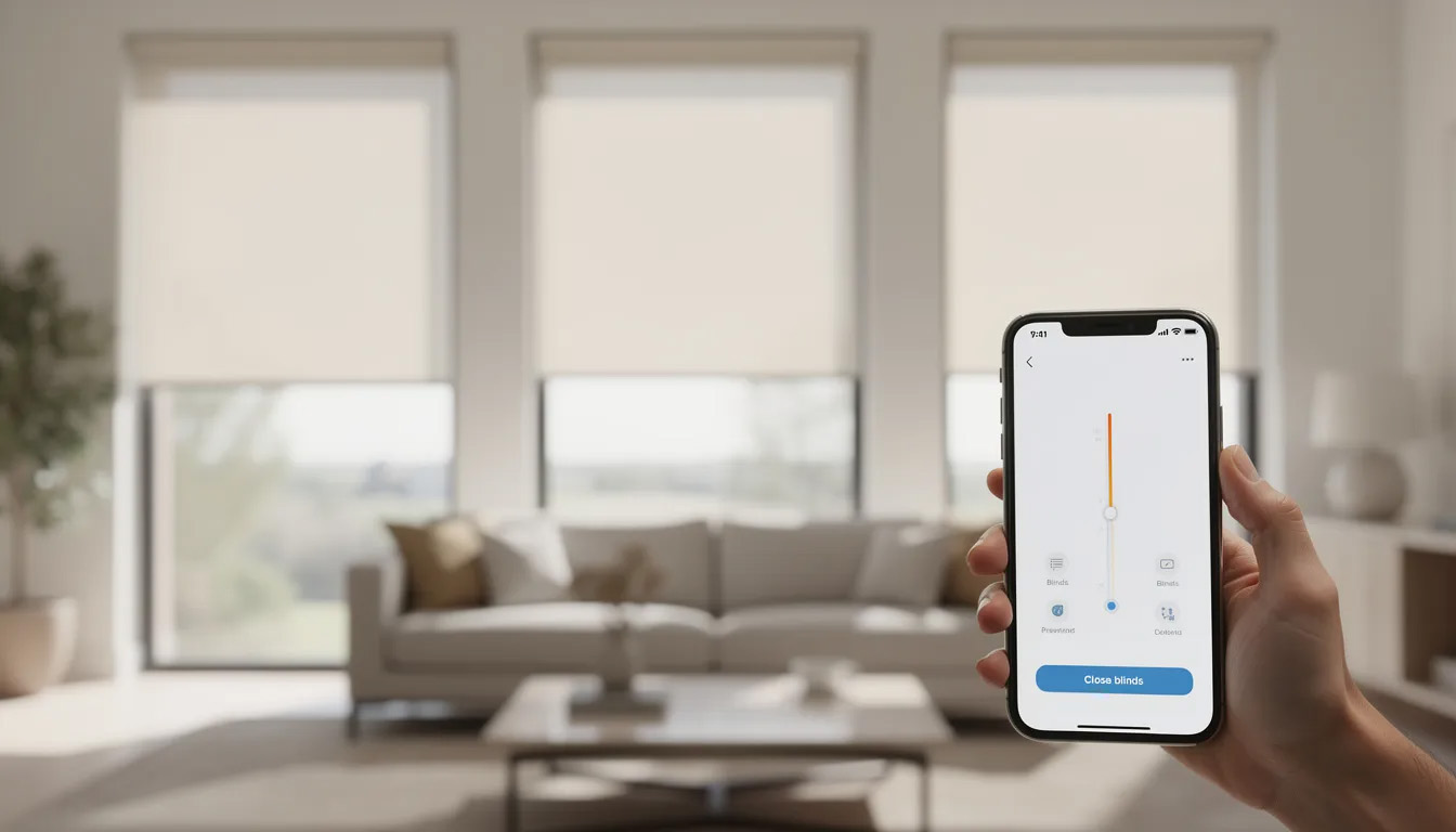 A smartphone is shown controlling motorized blinds in a modern living room with large windows, featuring a blend of vertical blinds and horizontal slats, allowing for precise light control and energy efficiency. The room is designed to maximize natural light while providing stylish window treatments that enhance the overall aesthetic.