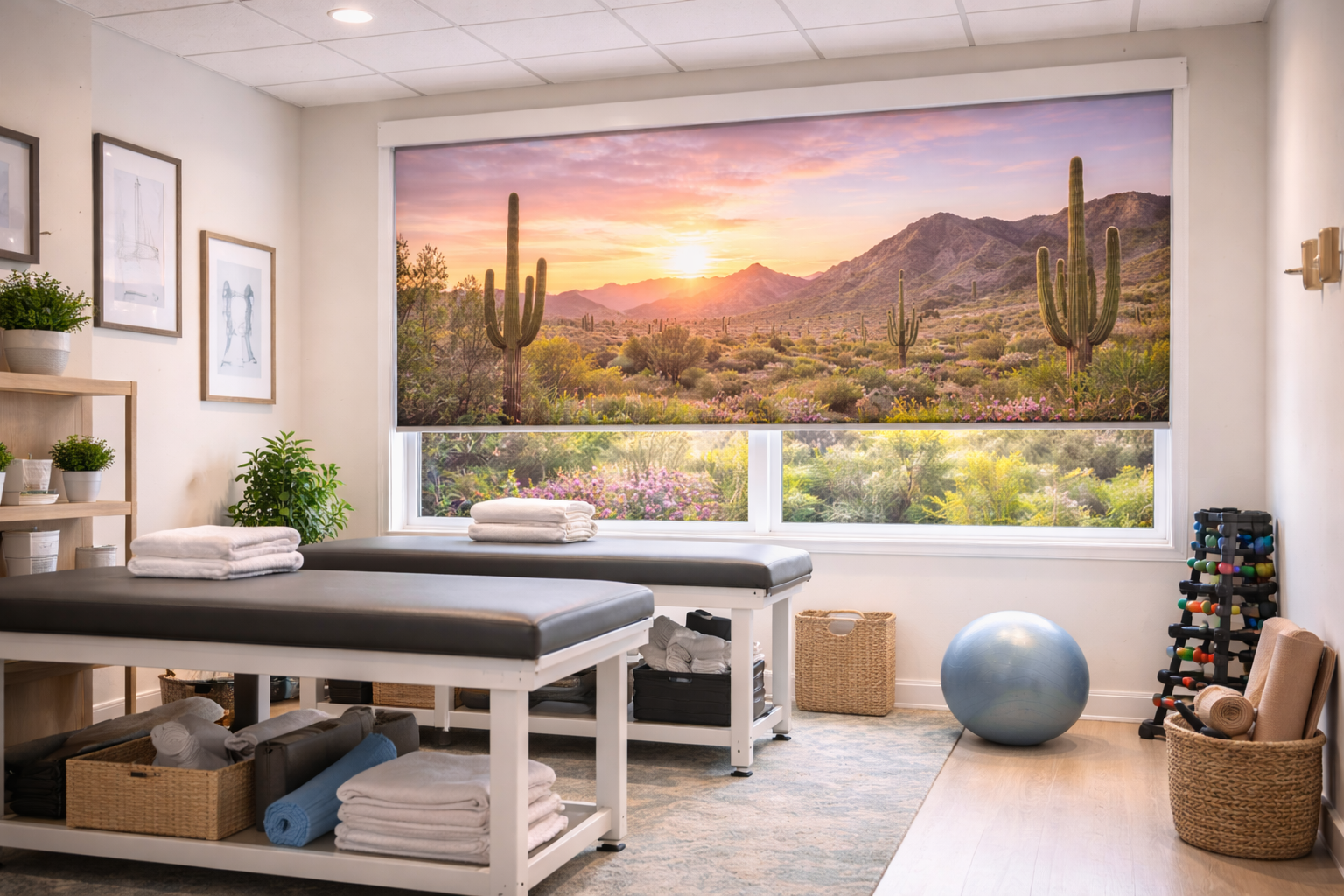 custom printed roller shades with a desert landscape