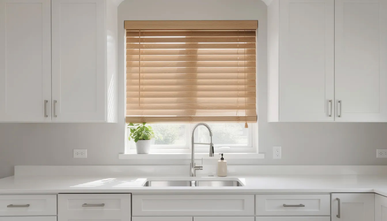 The image shows faux wood blinds installed above a kitchen sink, complemented by white cabinets, creating a clean and contemporary feel. These window blinds offer effective light control while adding a touch of timeless elegance to the space.