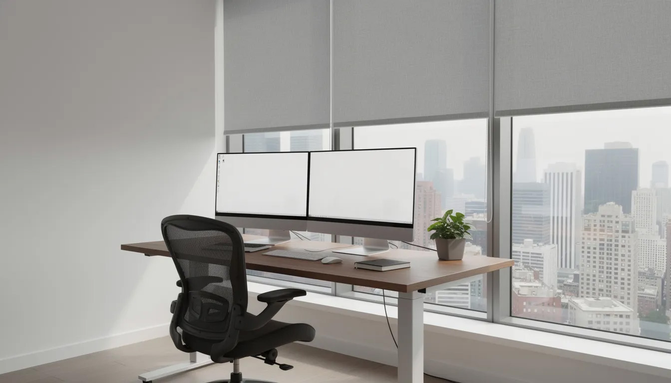 The image depicts a modern home office featuring large windows adorned with solar shades that effectively reduce glare on computer screens while allowing for unobstructed city views. The sleek design highlights the importance of window treatments in balancing natural light and maintaining a comfortable workspace.