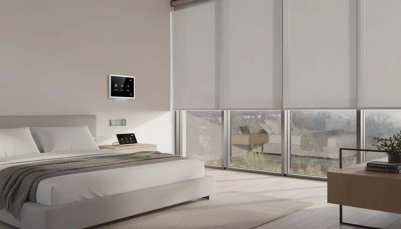 The image features modern motorized window shades in a contemporary bedroom, showcasing a sleek control system and a clean appearance. The shades, designed to filter natural light and provide privacy, enhance the room's elegance while effectively blocking harsh sunlight and reducing glare.