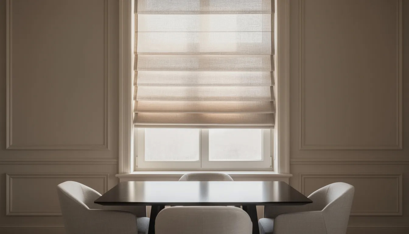 The image features elegant Roman shades in a dining room, showcasing soft fabric folds that add a luxurious textile appearance. These window treatments not only enhance the room's decor but also provide light filtering and privacy, while creating a warm and inviting atmosphere.