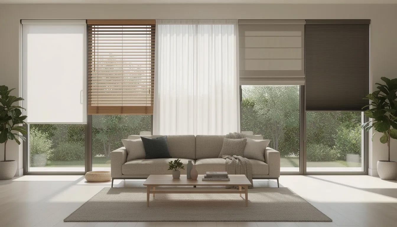 The image features a modern living room showcasing various types of window blinds, including vertical blinds, wood blinds, and cellular shades, highlighting different styles and light control options for large windows and patio doors. The arrangement demonstrates how these window treatments can enhance natural light and energy efficiency in the space.