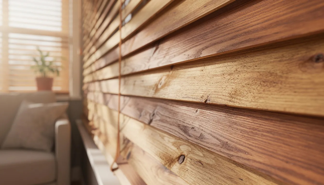 A close-up view of natural wood grain on horizontal slats of wood blinds is showcased next to a cozy living room window, emphasizing the classic look and texture of real wood blinds as a popular choice for window treatments. The warm tones of the wood create a welcoming atmosphere while allowing natural light to filter into the room.
