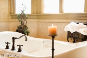 Several elements can create a vintage look in a bathroom.