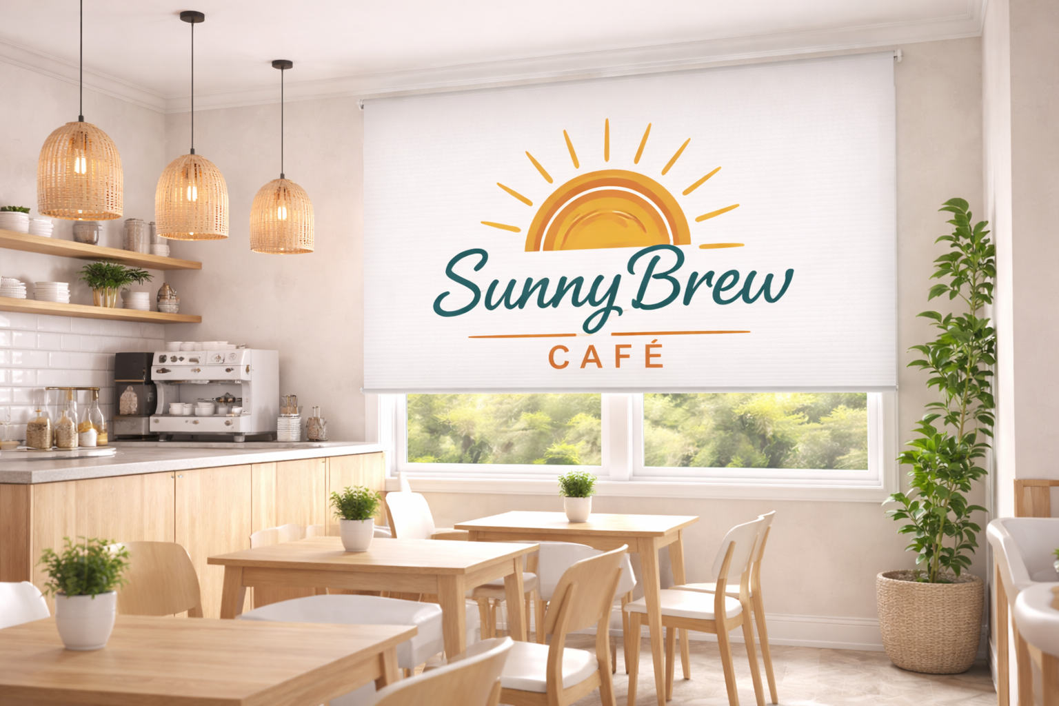 custom printed roller shades in a cafe diner