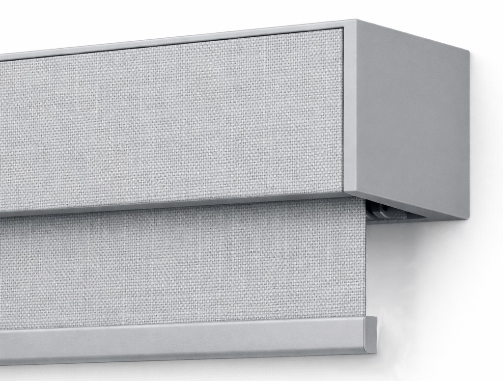 roller shade with a square fabric wrapped cassette headrail